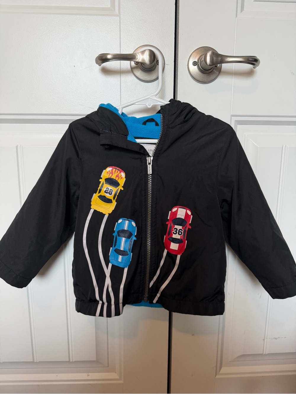 Kids Black Racing Car Hooded Jacket - Blue, Red, Yellow Car Accents